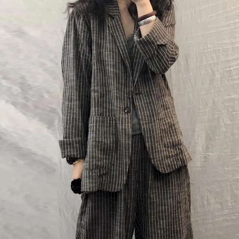 2025 Spring Autumn Large Size Casual Suits Fashion Art Retro Loose 2 Piece Women Suit Blazer And Pants En Set