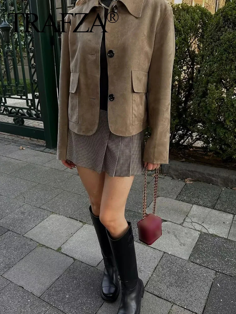 TRAFZA Autumn Women Casual Suede Lapel Jacket Fashion Long Sleeves Crop Coat Pockets Female Chic Single Breasted Outerwear 250120