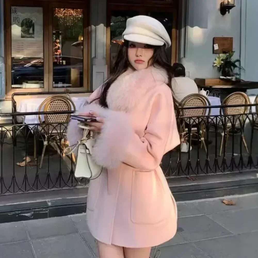 2024 Autumn Winter New Fox Fur Collar Jacket Female Woolen Small Double-sided Cashmere Coat Women