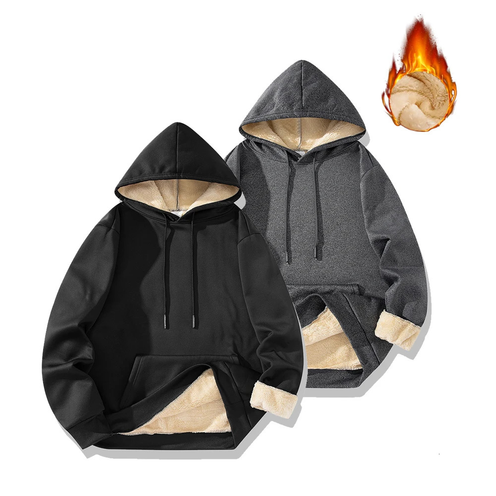Autumn Winter Mens Fleece Lined Thermal Hoodie Sweatshirt Casual Loose Solid Color Top Round Neck Pullover Thicken 250214