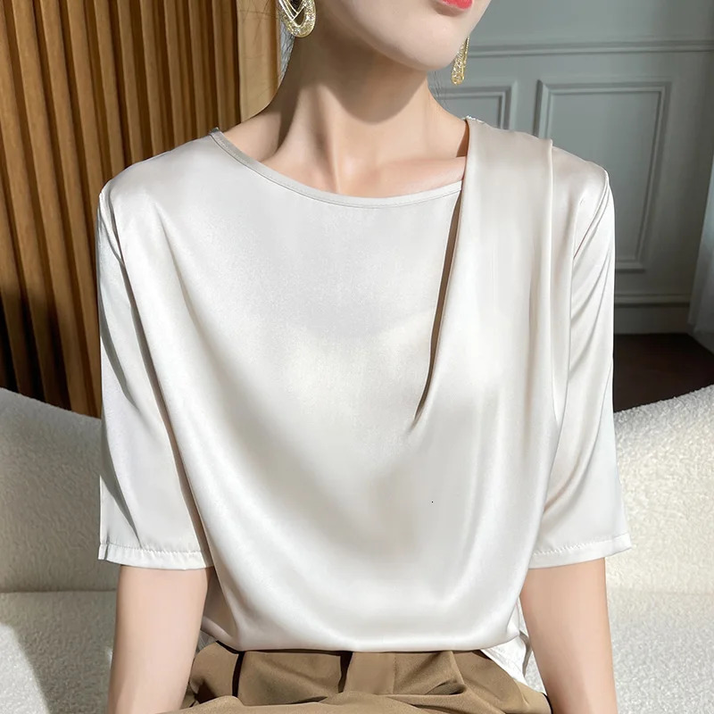 Spring Summer Female Silk T-shirts Half Sleeve Women O-Neck Solid Color Fashion Women Clothe Tees Casual Loose T Shirt Oversize 250217