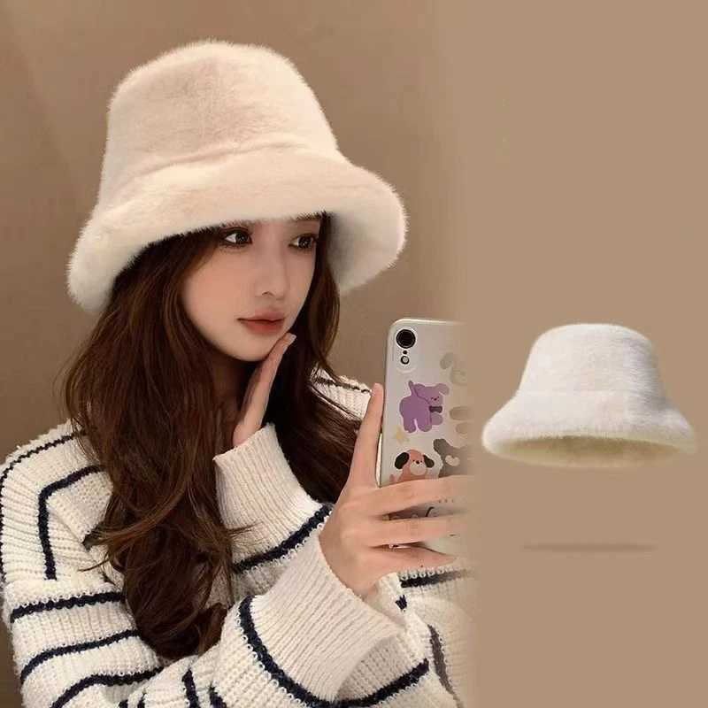 Womens Winter Warm Fluffy Fur Bucket Hat Soft Plush Wide Brim Fishermans Hat Korean Girls Outdoor Windproof Basin Hat Bob Visos W250217