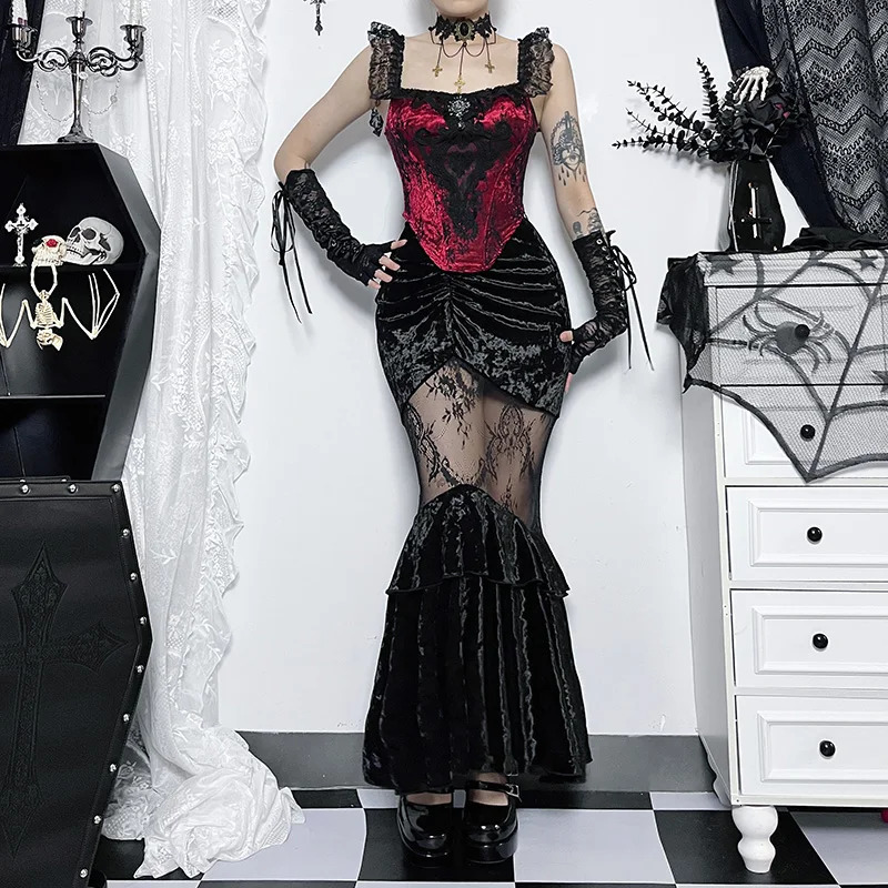 Womens Gothic Halfbody Skirt Sexy Seethrough Spice Girls Long Temperament Velvet Lace Splicing Half 250211