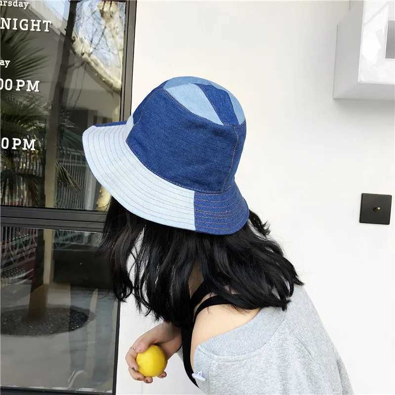 Bucket Hat Women Summer Hats and Caps Patchwork Washed Denim Bucket Hat Hip Hop Solid Wide Brim Cotton Beach Fishing Cap Panama W250217