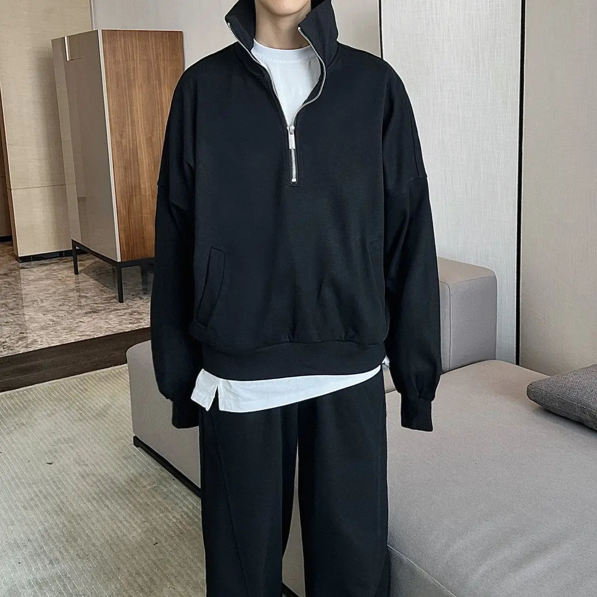 Korean trendy street personality high street solid color high end half zip sweatshirt jacket mens Y2K loose and versatile top 250211