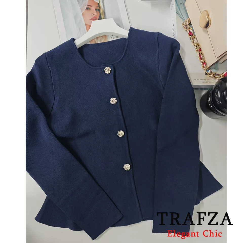 TRAFZAWomen Elegant Navy Blue Skirt Set SweaterSkirt Spring Fall Fashion Elegent Office Lady Minimalism 250214