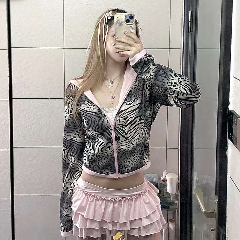 Y2K Hot Girl Coat Tiger Stripe Print Women's Aesthetic Fashion Punk Zip Up Hoodie Tops Sexy Nightclub Style Clothes