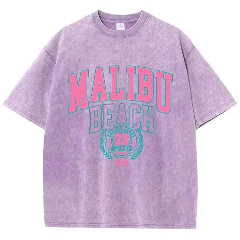 Malibu Beach Washed Designer T Shirt Women's Fashionable Letter Printed Cotton T-shirts Comfortable Round Neck Top Casual Oversized Tshirt Women&