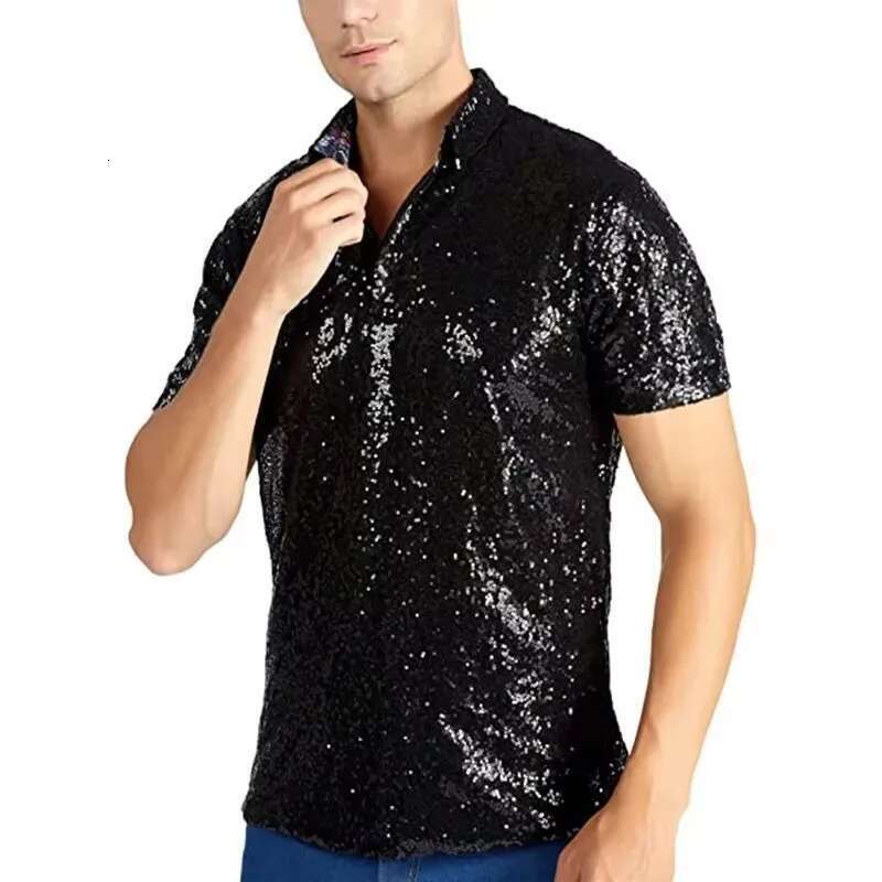 Gold Sequin Polo Shirt for Men Designer Fashion Shiny Short Sleeve Disco Cosplay Top Summer Christmas Stage Dance Costume