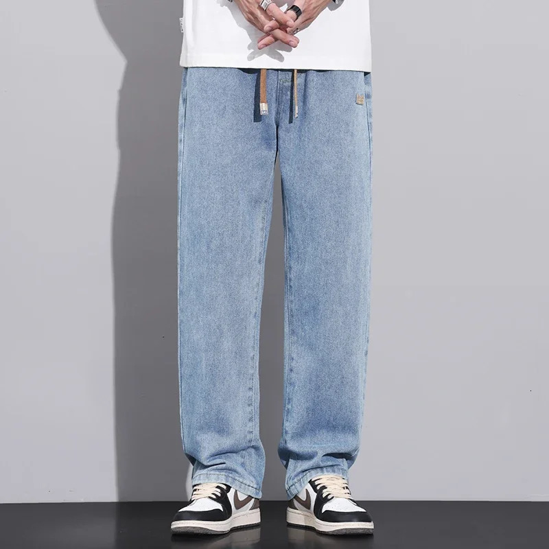 Men Dark Blue Stretch Elastic Waist Denim Pants Streetwear Loose Full Length Trousers Straight Wide Leg Drawstring Jeans 250214