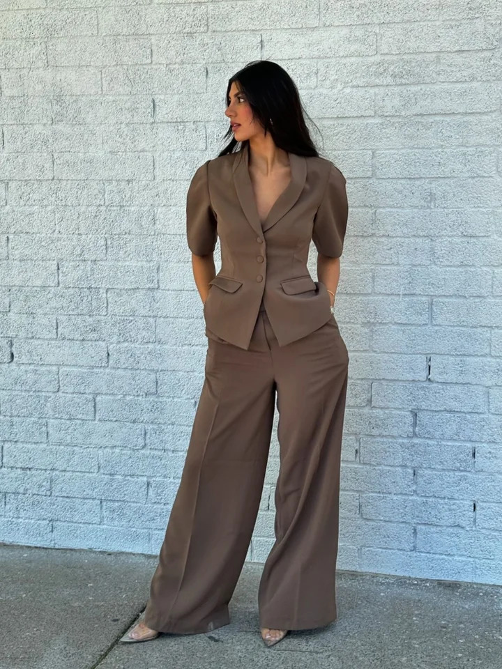 Fashion Blazer Suit Pants Sets Women Lapel Half Sleeves Single Breasted Jacket Wide Leg Trousers 2025 Spring Lady Commute Outfit 250210