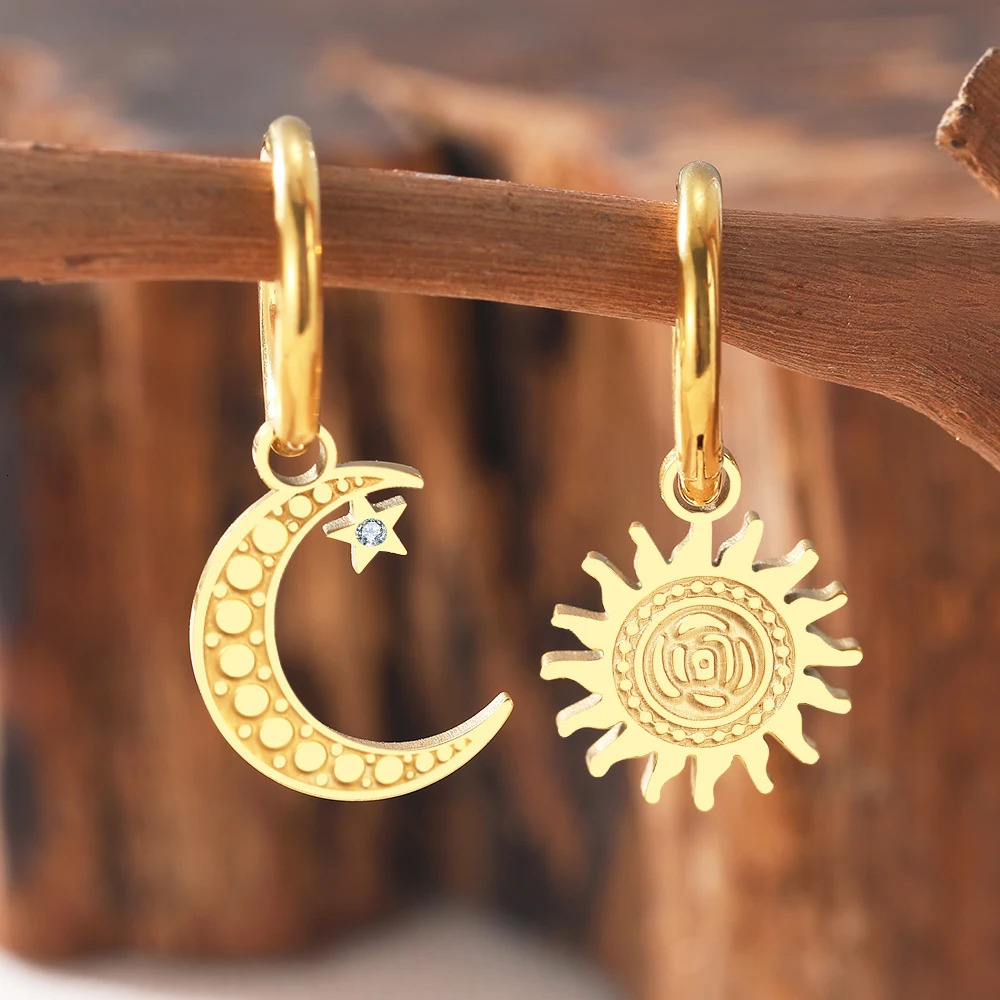 Stainless Steel Earrings Vintage Elegant Sun Moon Crystal Dangle Trendy Exquisite For Women Jewelry Party Gift 250213