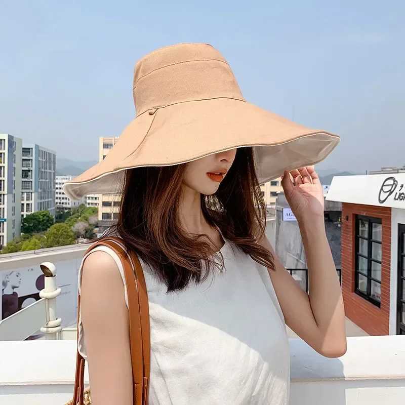 Spring Summer New Big Wide Brim Women Bucket Hat Solid Color Foldable UV Protection Outdoor Beach Panama Cap Sun Hats W250217