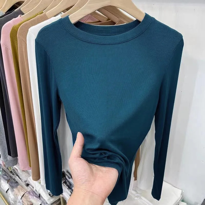 Autumn Office Lady Basic O-Neck Slim T-Shirt Women Solid Multi Color All-Match Trend Casual Top Screw Thread Long Sleeve Elastic 250217