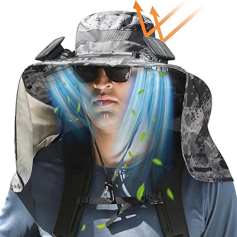 Outdoor Wide Brim Sun Hat Fishing Hat with 2 Solar Fan Sun Bucket Hat for Men Women UPF 50+ Waterproof Breathable Bucket Hat W250217
