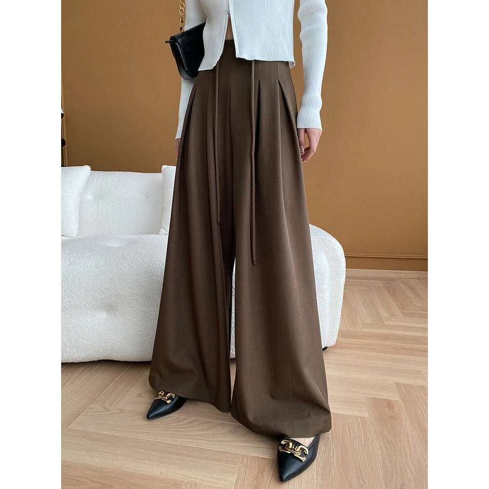 2025 Spring Fashion Drawstring Suits Pants For Women High Waist Pleasted Wide Leg Trousers Office Lady Clothes