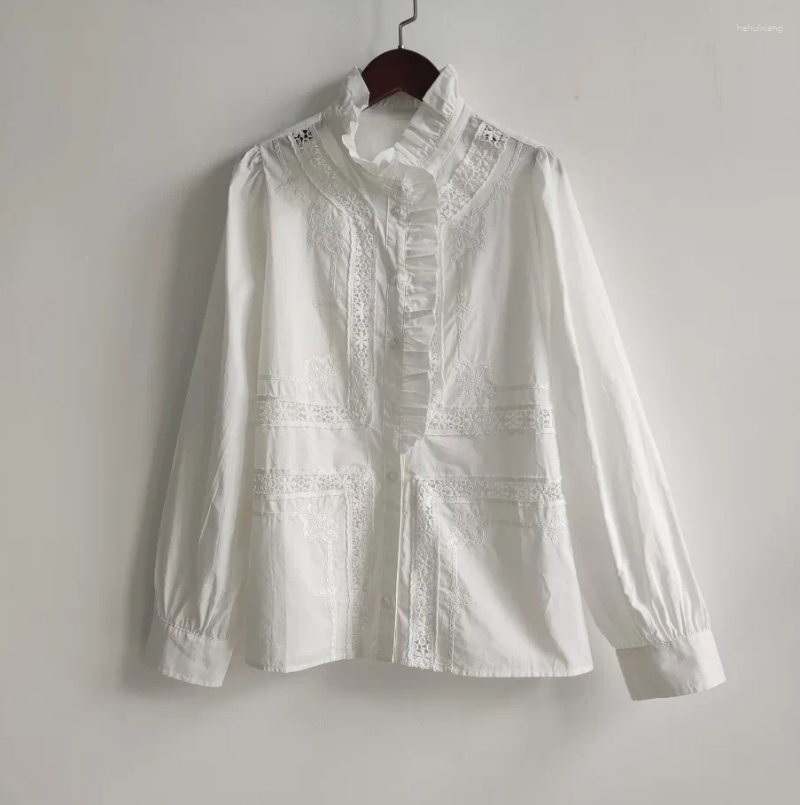Women's Blouses Women Lace Embroidery Shirt White Or Stripes Ruffled Collar Long Sleeve Elegant Chemise 2025 Autumn Female Blouse