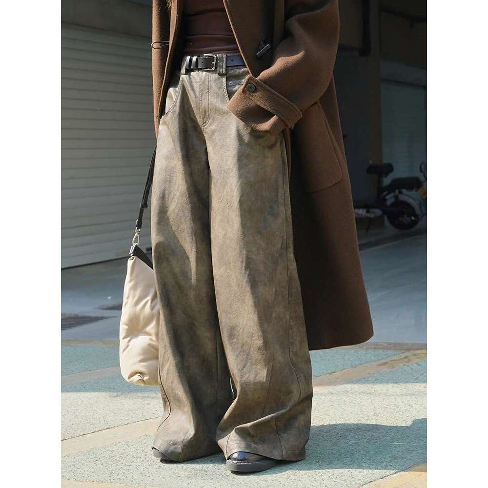 Vintage High Waist Pu Leather Pants For Women Wide Leg Trousers Streetwear Clothing Female 2025 Winter New 26D7603