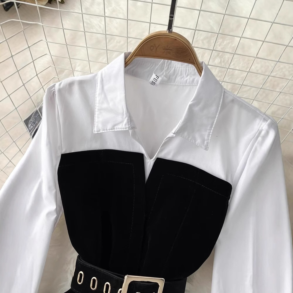Fashion suit socialite temperament fake two-piece waist cinched long sleeved shirt two-piece high waisted gold velvet small feet 240518