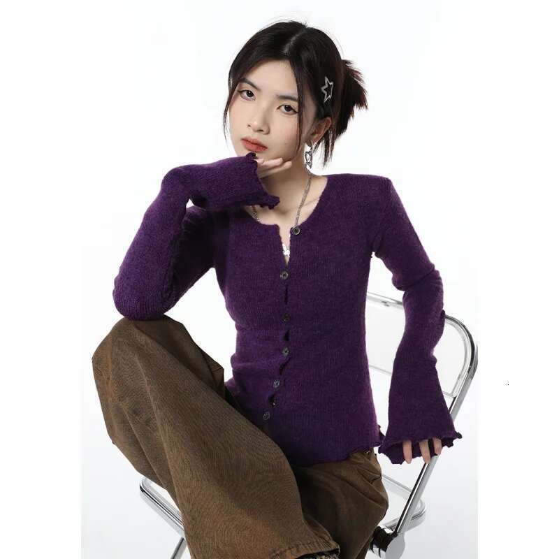 Women Purple Cardigan Sweater Short Outerwear Round Neck Fashion Vintage Leisure Lazy Winter Knitting Single Breasting Coat