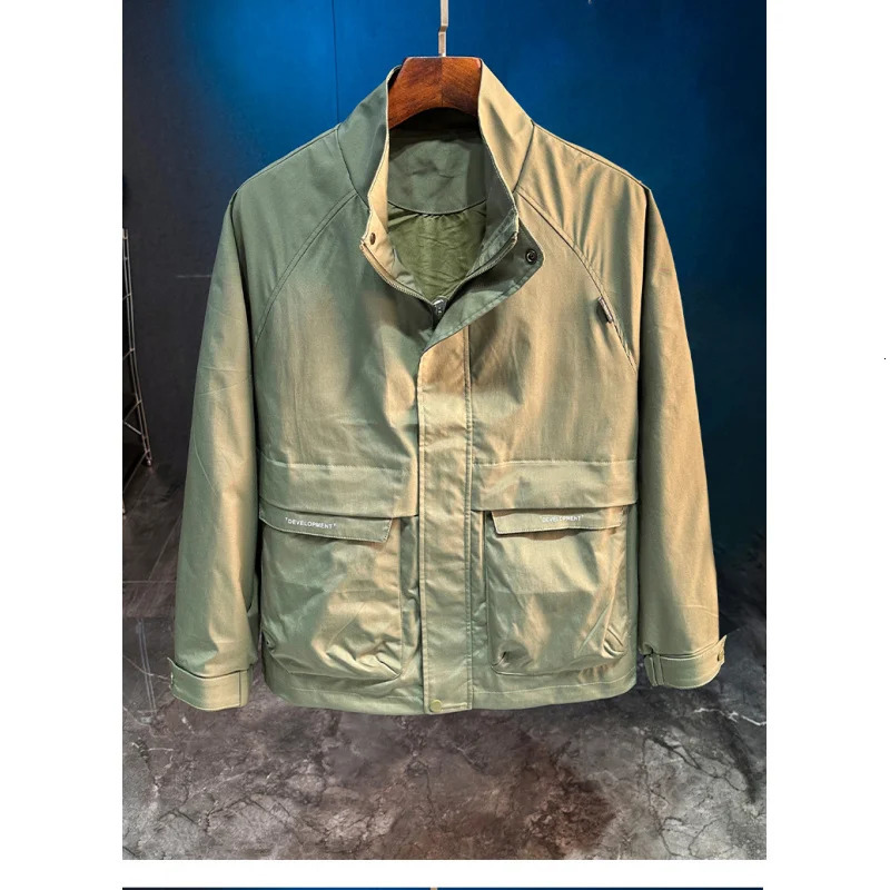Autumn Mens Stand Collar Windproof Coat Trendy SlimFitting Workwear Jacket ThreeDimensional Patchwork Pocket Winter 250210