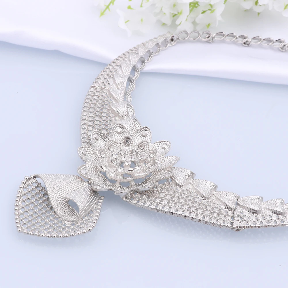 Silver Plated Jewelry Sets for Flower Shaped Women Necklace Earrings Bracelet Ring Women African Beads Indian Bridal Jewelry Set 250213