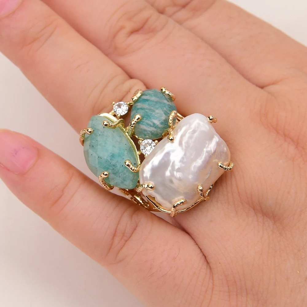 GG Natural White Keshi Pearl Green ite Stone Gold Color Plated Rings Adjustable Ring For Lady 250214