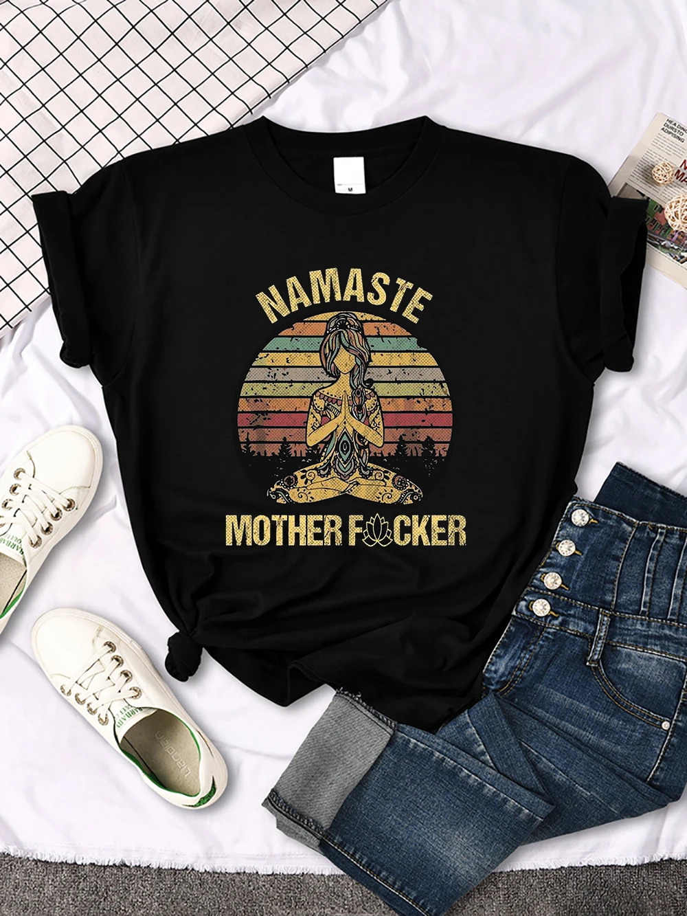 Vintage Namaste Mother Explicit Pattern Women T-Shirt O-Neck Creative T Shirts Fashion Breathable Crop Top Casual Sport T Shirt 250217