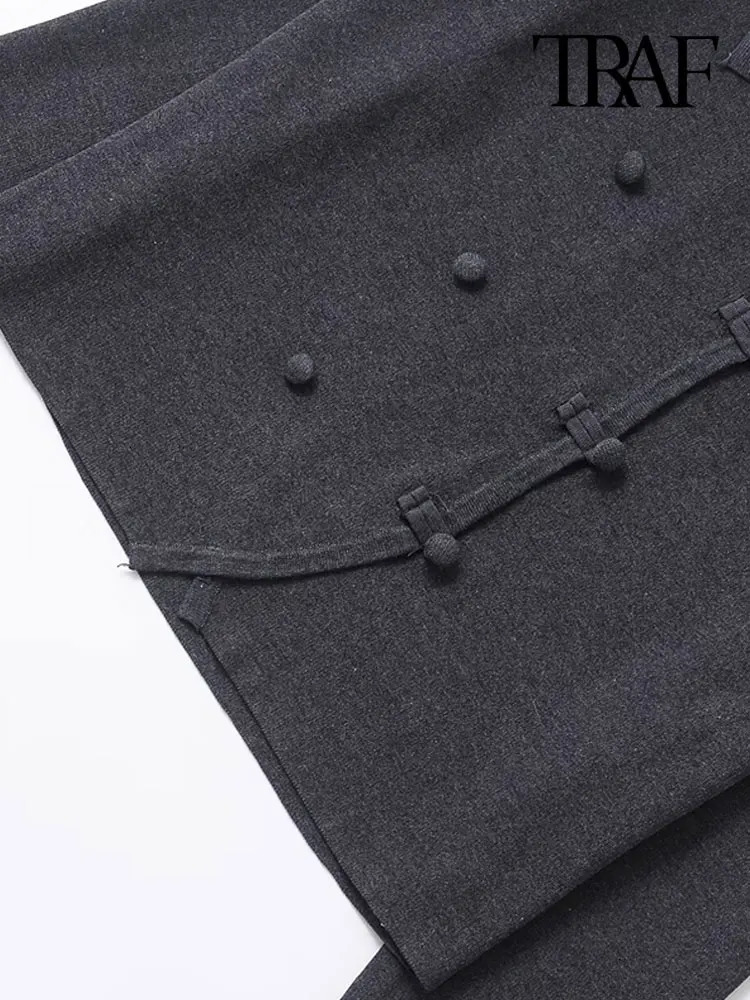 TRAFWomens DoubleBreasted Knit Cardigan Sweater Lapel Collar Long Sleeve Female Outerwear Chic Tops Fashion 250211