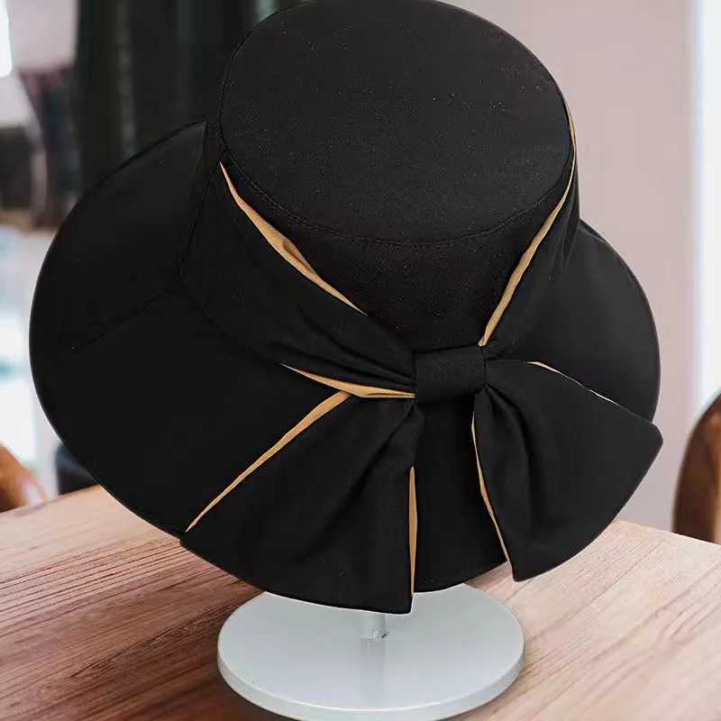 New Summer Womens Bow Fashion Wide Brown Sun Hat Outdoor Beach Fishermans Hat UV Protective Sun Hat Bucket Hat Gift W250217
