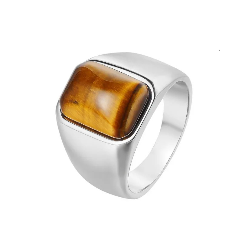 Tiger Eye Natural Stone 7-12 Size Steel Splicing Rings Fashionable Simple Atmosphere Men Charm Thumb Ring Jewelry 250213