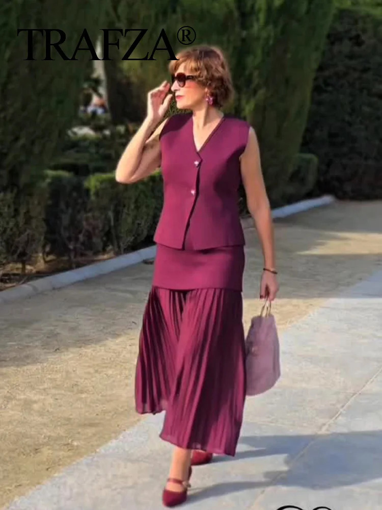 TRAFZA Women Skirt Set Wine Red Knitted VNeck Sleeveless Sllim Vest Solid High Waist Zipper Patchwork Long Street 250214
