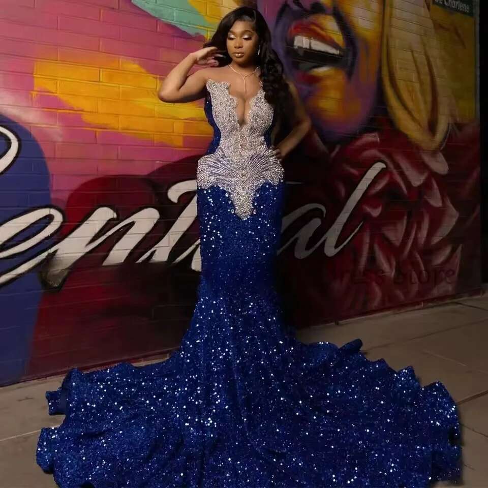 Royal Customized Blue Sequins Mermaid Long Prom Dresses For Black Girls Rhie Sleeveless Evening Formal Party Gowns mal