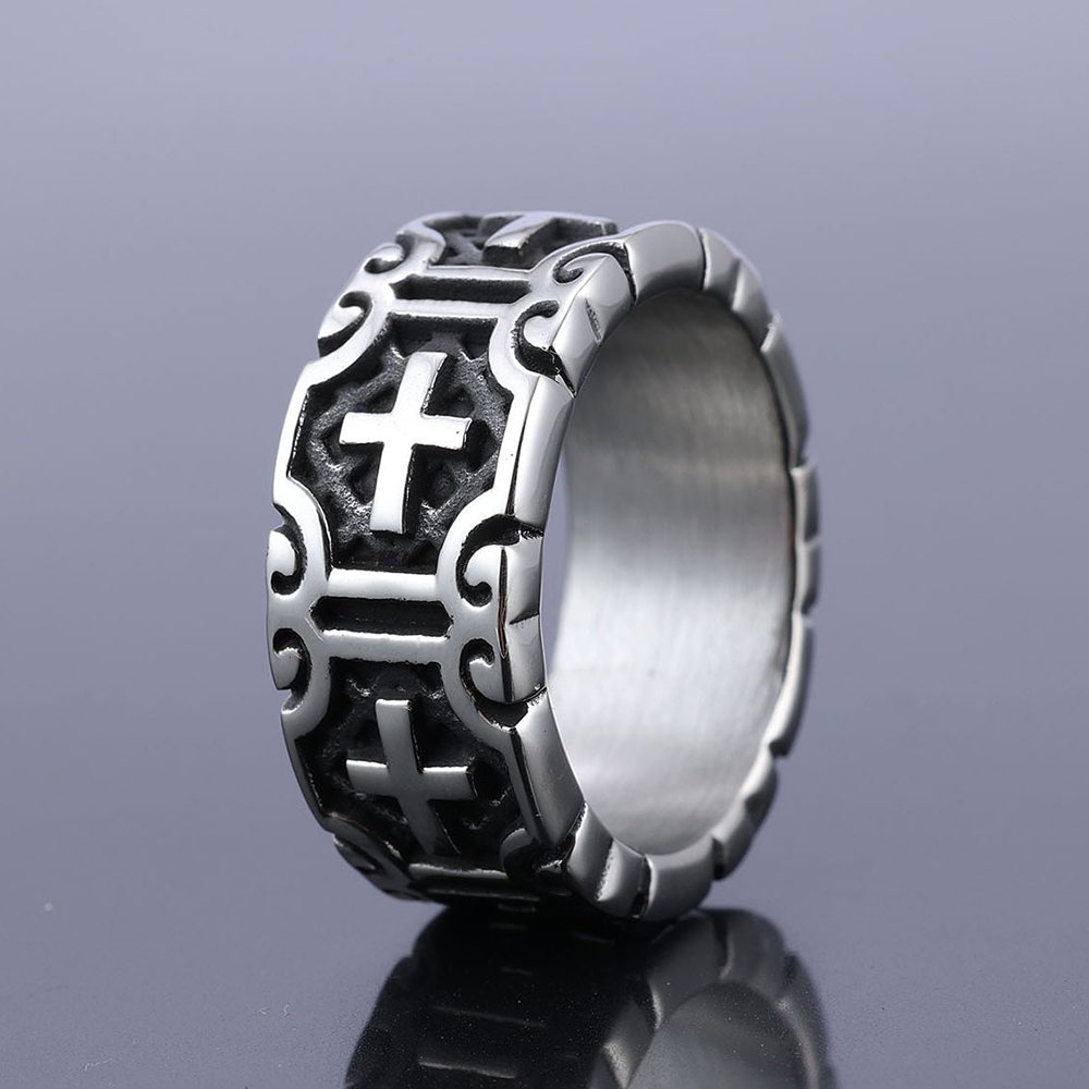 Hip Hop Vintage Ancient silver Color Stainless Steel Cross Casting Rings Mens Jewelry