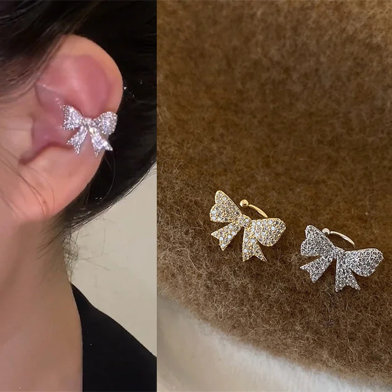 Trend Zircon Crystal Bow Ear Bone Clip NonPierced Earring Gold Silver Color Cuff for Women Girls Aesthetic Jewelry 250213
