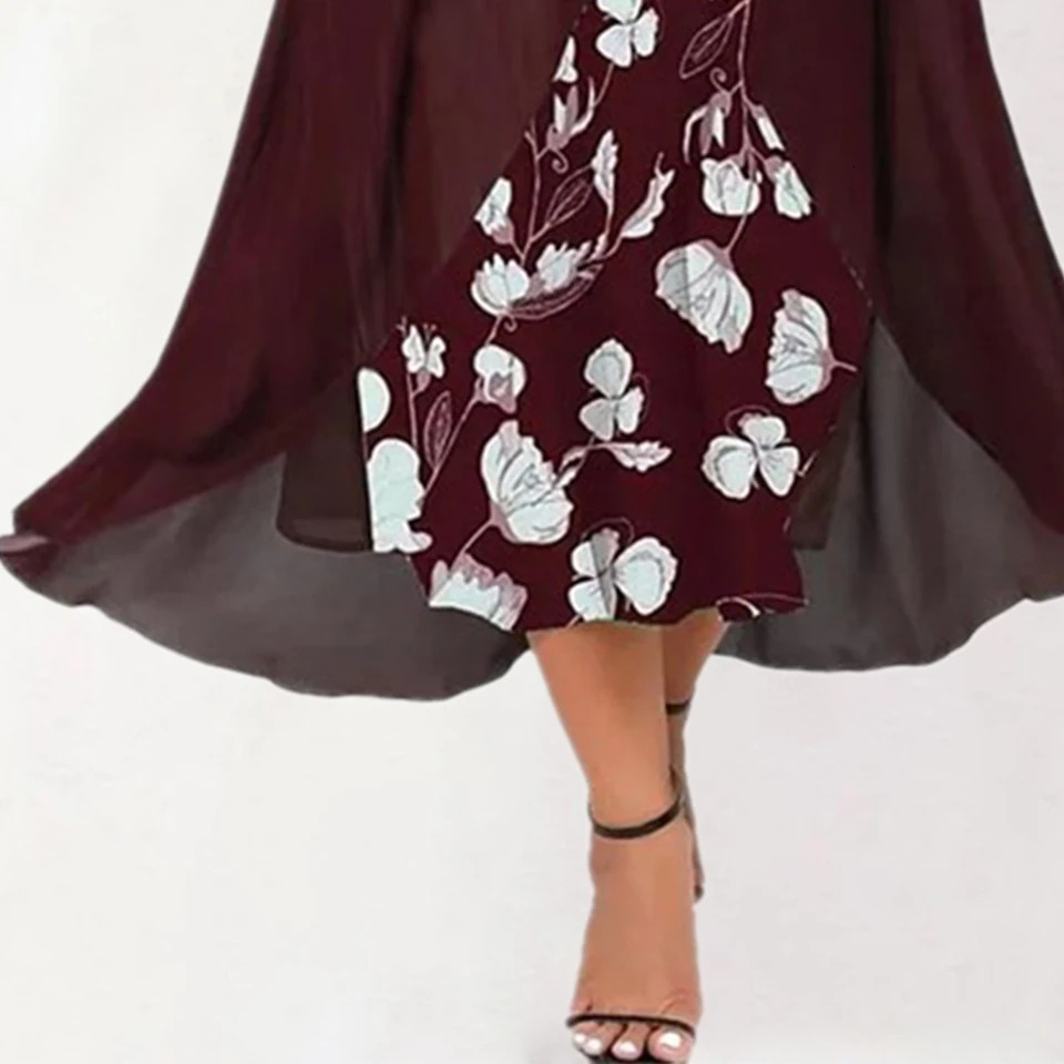 Enlarged XL5XL Elegant Fashion Vneck Loose Party Dress Chiffon Splicing Two Piece Irregular Half Sleeve Womens 250214