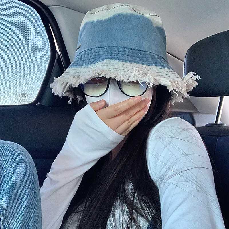 Womens Gradient Denim Fisherman Hat All-season Wide Brim Sun Hat Japanese Big Head Circumference Sun Hat W250217