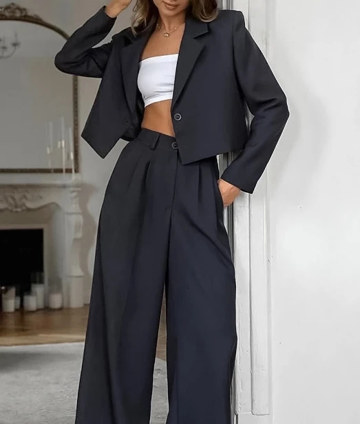 Black Collar Long Sleeved Short Suit Casual Loose High Waisted Elastic Band Long Pants Classic Professional Suit for Women 250210