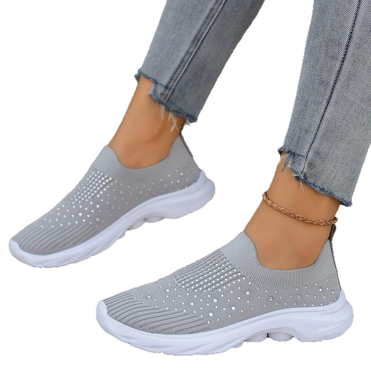 Cross-border foreign trade large size retro sports shoes 2025 spring new fashion wear rhinester flying woven sports shoes