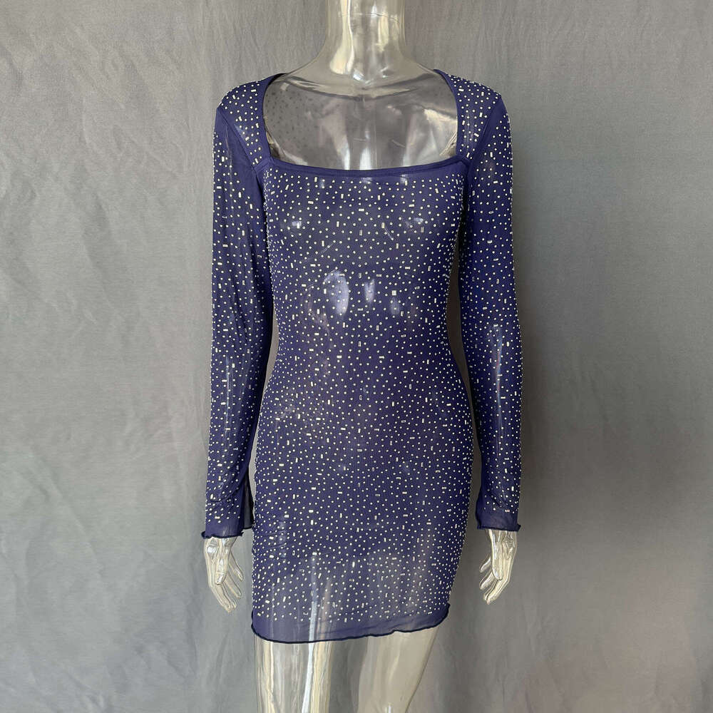 hot selg women's sequined rhie sexy semi transparent long sleeved short dress 2025 new style chic and elegant clothing