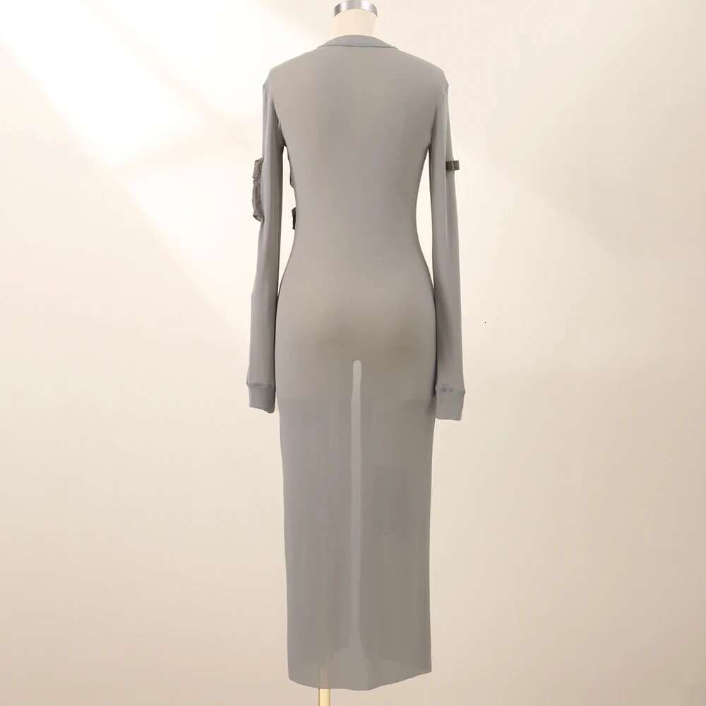 Pocket Decoration Cotton Women's Y2k See-Through Mesh Elegant Commuter Single Breasted Long Cardigan Dress 2025 Fall New