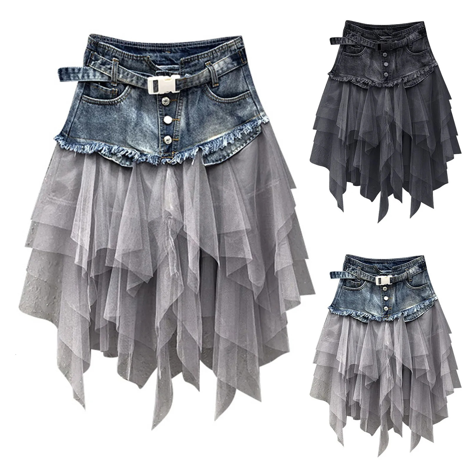 Mesh Splicing Denim Skirt Womens Dark Style High Waist Slim Fit Look Thin Layered Tulle Vintage Versatile Gothic Skirts 250211