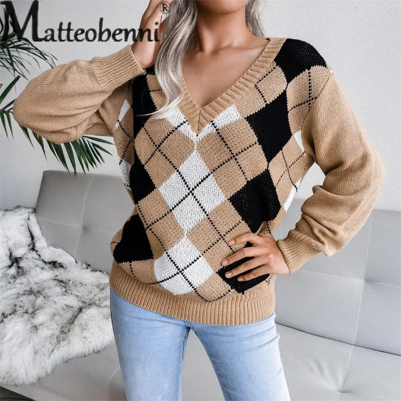 College Style Rhombus Sweater Women Elegant V Neck Pullover Jumpers Female Autumn Winter Casual Loose Knitwear Trend Streetwear 250211