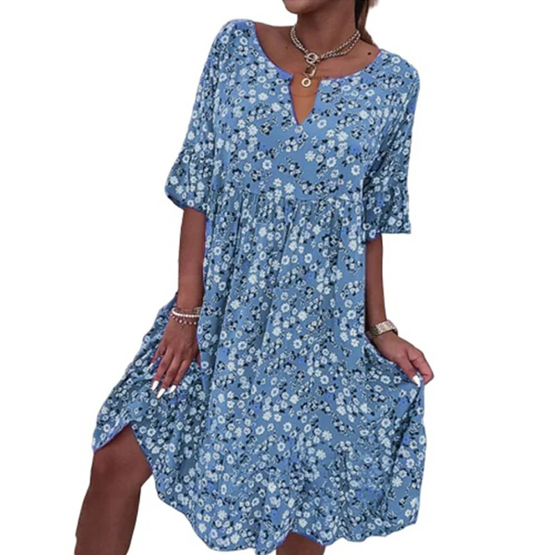 Womens Rustic Style Sweet Half Sleeve Dresses Pleated Splicing Large Hem Dressy Female Summer Flower Print V Neck Pullover Gown 250213