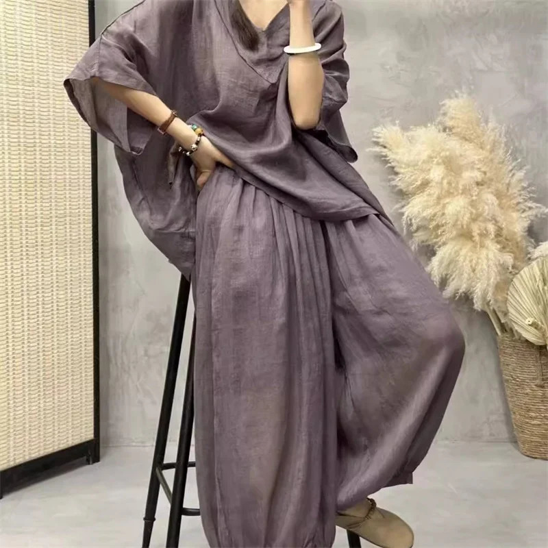 Loose Ramie Set For Women Large Size With Bat Sleeves V-neck Cotton Linen T-shirt Casual Lantern Pants Two-Piece Set For Summer 250210