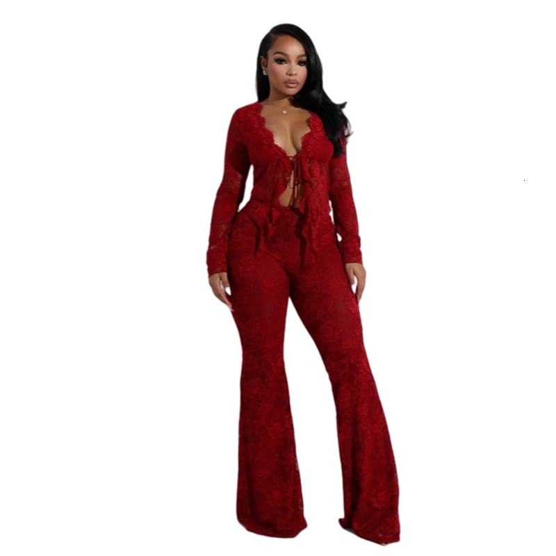 Women Tracksuits Two Pieces Set 2025 New Spring Summer Sexy Lace Up Hollow Cardigan Long Sleeved Lace Shirt Lace Pants