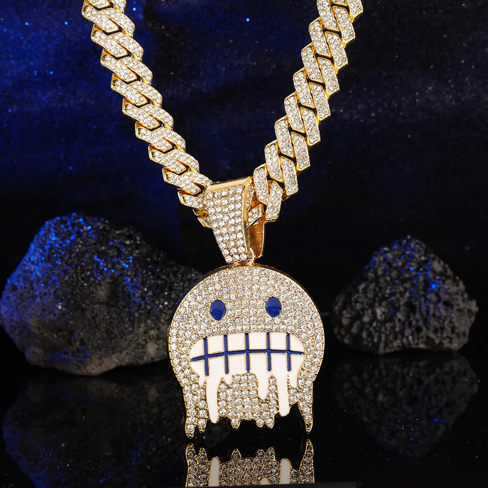 Mens White Blue Cubic Zirconia Paved Hip Hop Round Face Pendants Necklaces with Cuban Chain Iced Out Bling CZ Fashion Boy Jewelry 250214