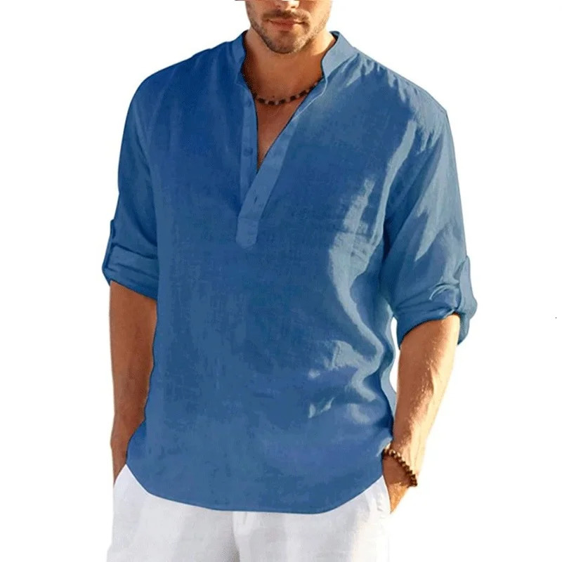 Mens Linen Long Sleeve T-Shirt Solid Color Loose Casual Shirt Long Sleeve Cotton Linen Shirt 250318