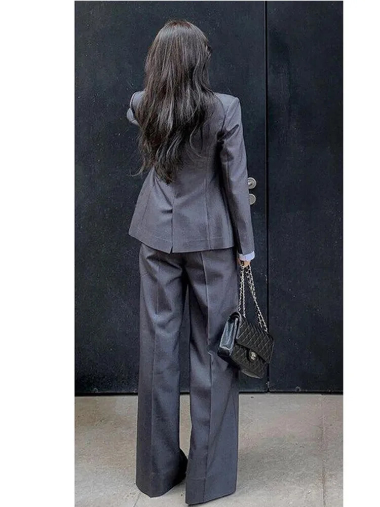 BJTZ The Womens Suit Brings A High-end Feel Wearing A Professional Little Gray Suit Jacket Wide-leg Pants Two Pieces 250210