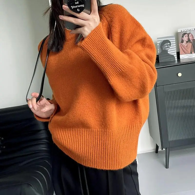 Korean Style Fashion Casual Solid Color Round Neck High Quality Pullover Sweater Retro Elegant Long Sleeved Womens Top 250211